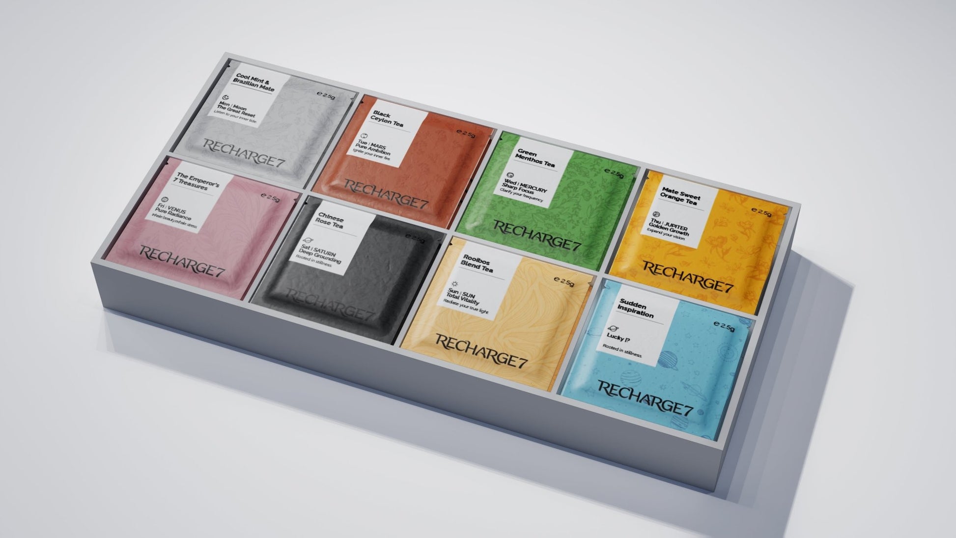 Inside grid layout of the Recharge7 Energy Box showing 7 premium planetary botanical tea sachets organized for a weekly wellness protocol.