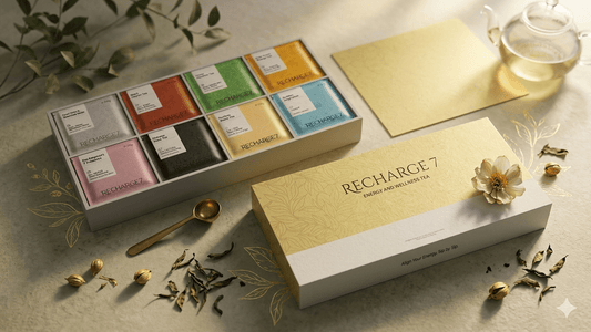 Recharge7 Standard Energy Box flagship 7-day planetary tea matrix packaging design on a clean minimalist premium background