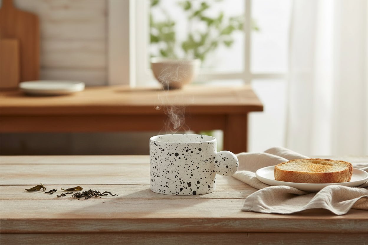 Close-up of the unique kiln-fired color glaze and stellar dust patterns on the Nebula porcelain cup.