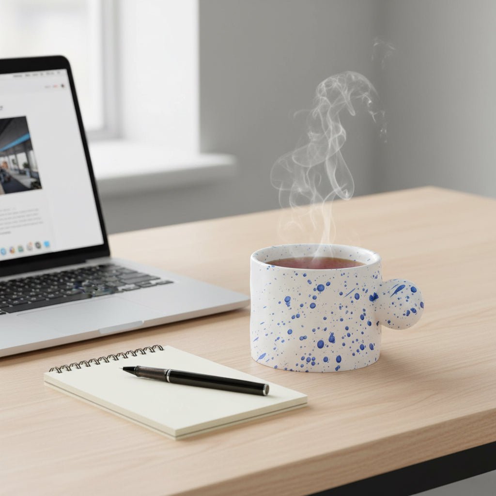 Artisan porcelain saucer holding an afternoon snack next to a minimalist luxury executive office desk setup.