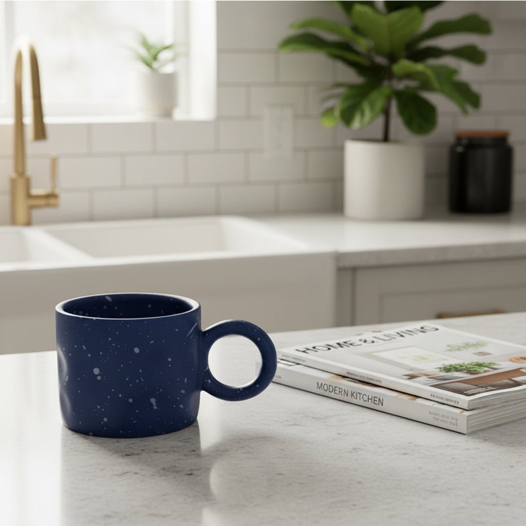 The Nebula Ritual Set by Recharge7, an artisan porcelain tea cup and saucer set with a unique splash-ink glaze.