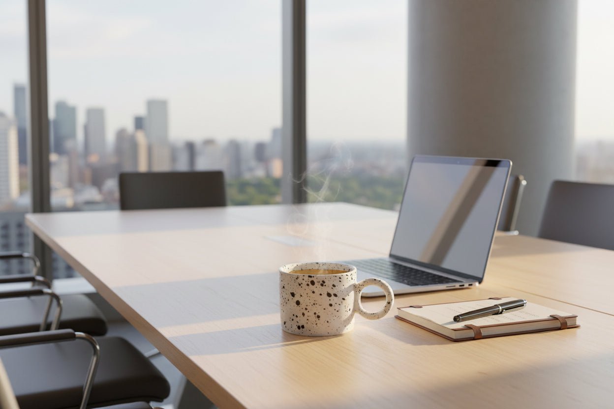 Artisan porcelain saucer holding an afternoon snack next to a minimalist luxury executive office desk setup.